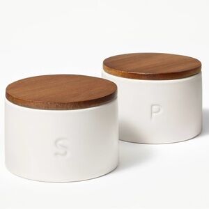 Elegant Ceramic Salt and Pepper Shakers with Wooden Lids